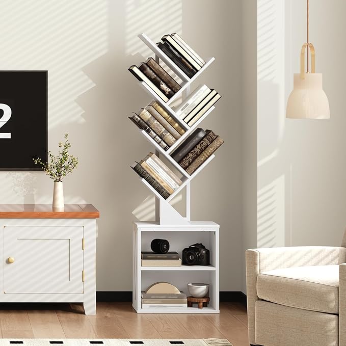 RALGEND Tree Bookshelf, 6 Tier Bookcase with 2 Storage Racks, Free Standing Wooden Bookcase, Floor Standing Book Shelf Organizer for Living Room, Bedroom, Study, Home Office, White
