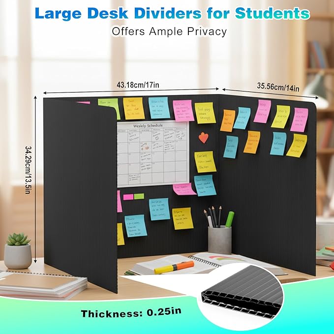 24Pack Black Desk Dividers for Student, Privacy Folders for Classroom Students, Foldable Study Carrels Teacher Supplies, Easy-Clean Testing Dividers with Lables for Exam, Library Focus & Photo Shoot