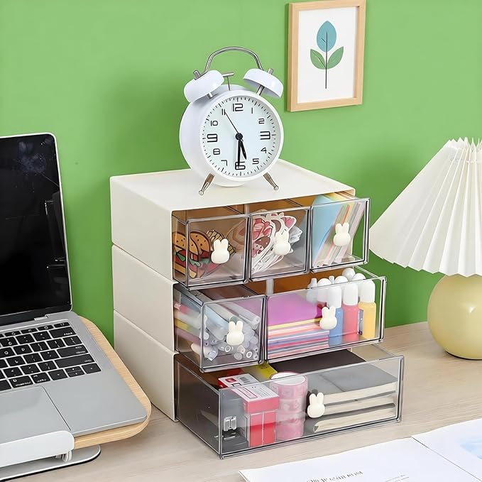 Desktop Storage Drawers, Plastic Desk Organizer with 6 Drawers, Modular Stackable Toolbox Units for Office Stationary, Makeup Container, Bathroom Countertop (3 Tiers, Cream & Clear)