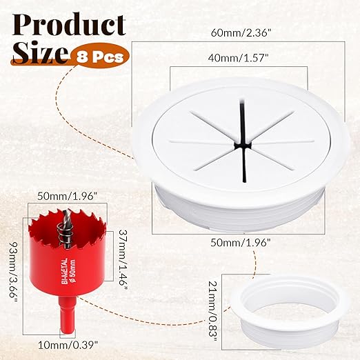 8 Pcs White Desk Grommet, 2 Inch Desk Hole Cover for Cables, Grommet Cover with Hole Saw for Table Cables Wire Home Office