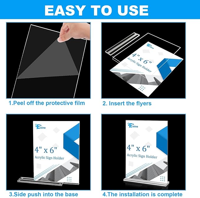 EHWINE 4 Pack Acrylic Sign Holders 4x6 Double-Sided Tabletop Display Stands for Menus Flyers & Signs, Clear Acrylic Picture Frame for Office Business Store & Events