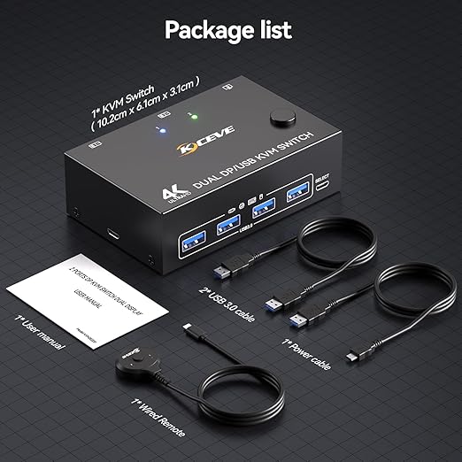8K Displayport KVM Switch 2 Monitors 2 Computers 8K@30Hz 4K@144Hz,MLEEDA Dual Monitor KVM Switches with 4 USB 3.0 Ports for Keyboard Mouse USB Peripherals,Wired Remote and 2 USB Cables Included
