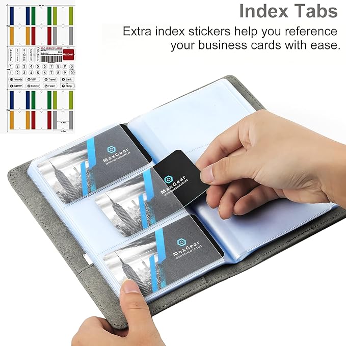 MaxGear Business Card Organizer Book, Holds 240 Cards, Portable PU Leather Business Card Holder with Clear Sleeves, Professional Card Binder for Office, Meetings, Networking, Dark Gray