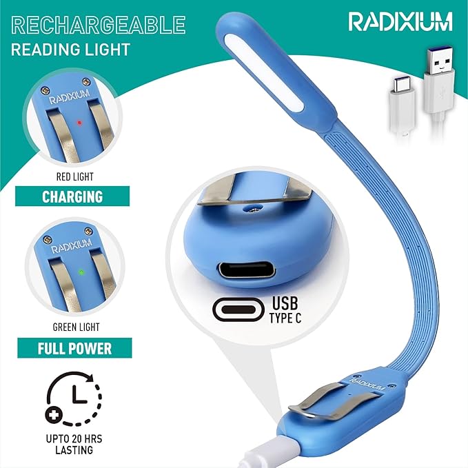 Rechargeable Book Light for Reading in Bed, 4 Color Temperatures Eye-Caring LED, Portable Clip On Reading Light with Magnetic Base, Hands-Free for Travel, Night Reading (biue)