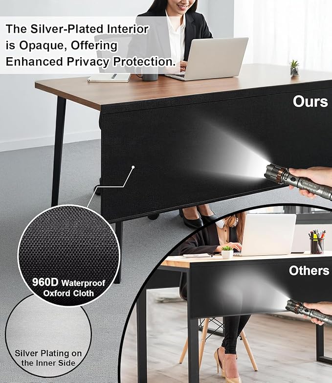 Under Desk Privacy Panel with Table Cable Management, 48 Inch Desk Skirt Modesty Desk Panel with Self-Gripping Straps for Office Home, Premium Silver-Plated Interior to Provide Better Privacy