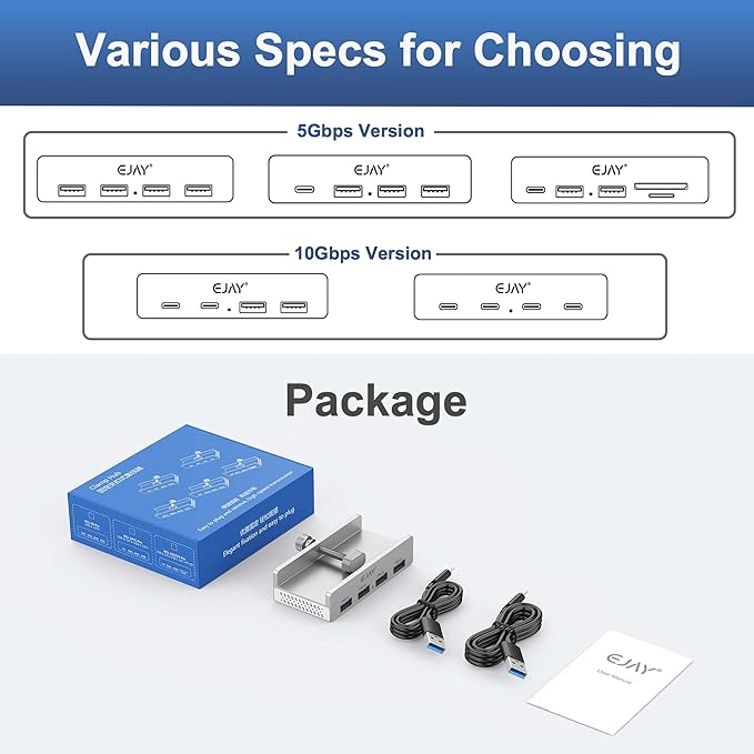 EJAY USB 3.0 Hub with Adjustable Clamp, 4-Port Powered Hub for iMac, PC, Laptop(59inches Data & 39inches Power Cables)