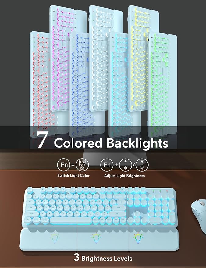 Wireless Keyboard and Mouse Backlit - Typewriter Keyboard with Detachable Wrist Rest, Light Up Letters, 2.4G Rechargeable Combo for Mac, Windows, PC, Laptop, Trueque (Blue)