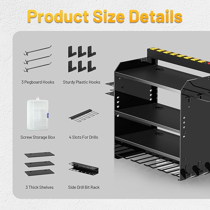 Power Tool Organizer Wall Mount wtih Charging Station,4 Drill Holder Wall Mount with 8 Outlet Power Strip,Heavy Duty Tool Rack with Hooks,Screwdriver Organizer in Garage(Glossy Black,4 Layer)