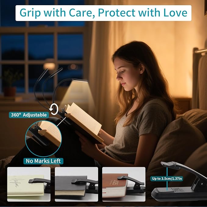 9 LED Rechargeable Book Light for Reading in Bed - Eye Caring with 3 Color Temperatures, 80 Hrs Runtime, Lightweight Clip-On Light for Book Lovers(Black, Straight)