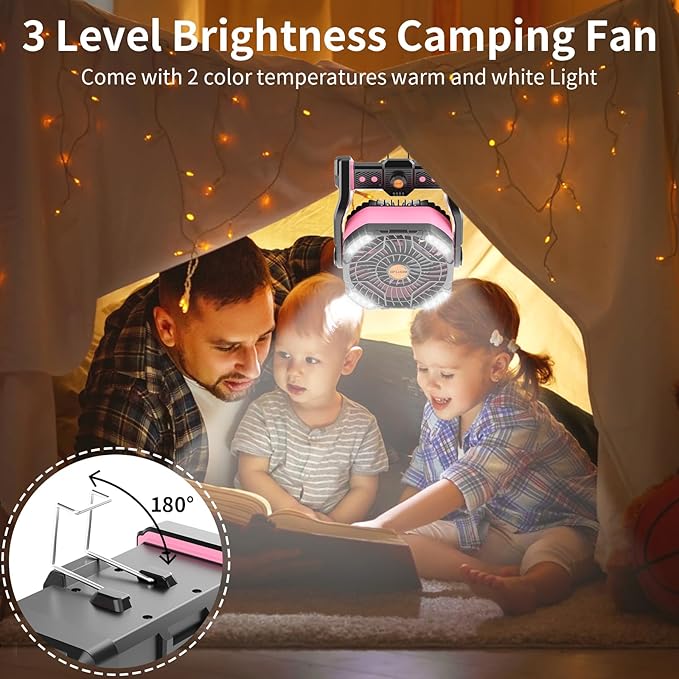 WESTTREE 20000mAh Battery powered fan Camping essentials,Portable fan Battery Operated Rechargeable Tent Fan with Light & Hook X26A Pink