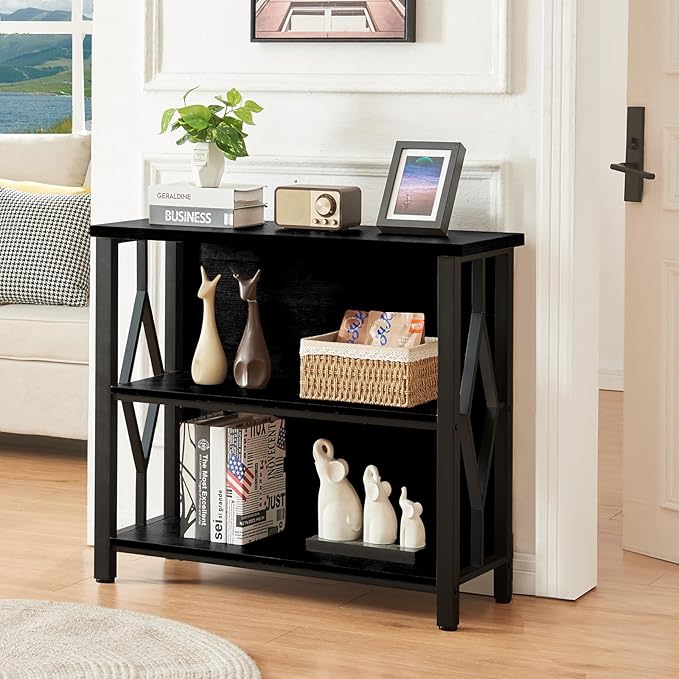 HOMISSUE Bookshelf, 3-Tier Rustic Short Bookshelf, Industrial Shelf Bookcase with Engineered Wood Shelves, Low Bookcase with Storage, Small Shelf for Living Room, Bedroom and Office, Black