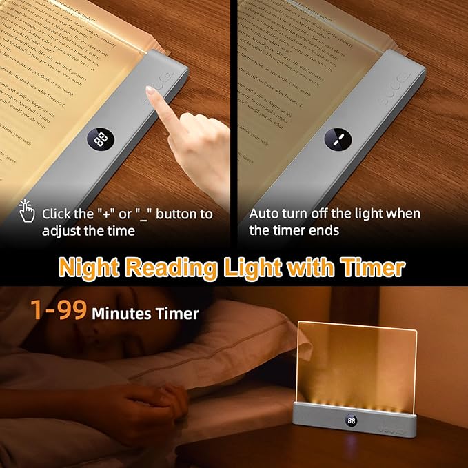 Book Light, Rechargeable Reading Lights for Books in Bed - Eye Caring 3 Color Temperatures, Stepless Dimming Brightness, Timer, Long Lasting, Portable Flat Book Light for Book Lovers (White)