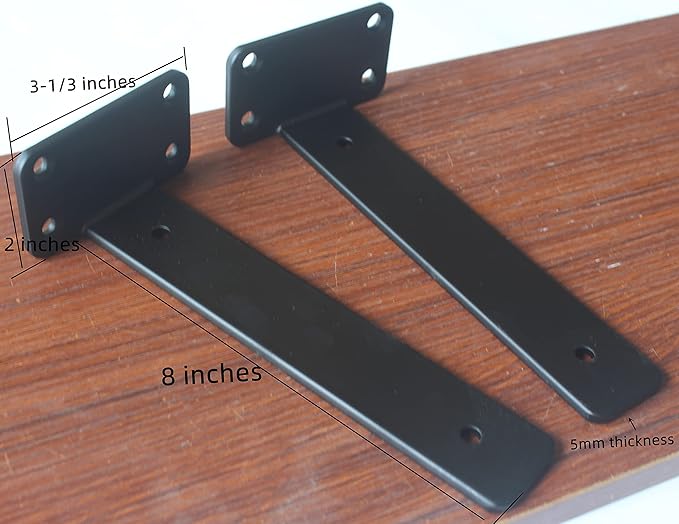 10 Pack - 8 inch Black Hidden L Shelf Bracket (1/5 Inch Thicked) Iron Floating Shelf Brackets Rustic Industrial Metal Brackets for Shelf Support