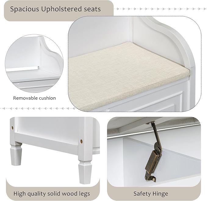 SOFTSEA 41.9" Storage Bench with Back, Entryway Shoe Bench with Cushion & Lift Top Storage, Rustic Shoe Storage Cabinet with Cushioned Seat for Entryway, Bedroom, Living Room (White)