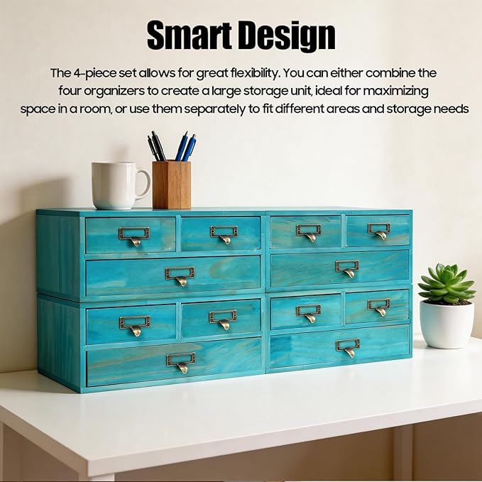 4 Packs Vintage Desktop Apothecary Cabinet with 3 Drawers, Vintage Desktop Organizer Wood Desktops Organizers Stackable Drawers Chest Drawer for Herb Storage Tea Collection Stationery (Blue)