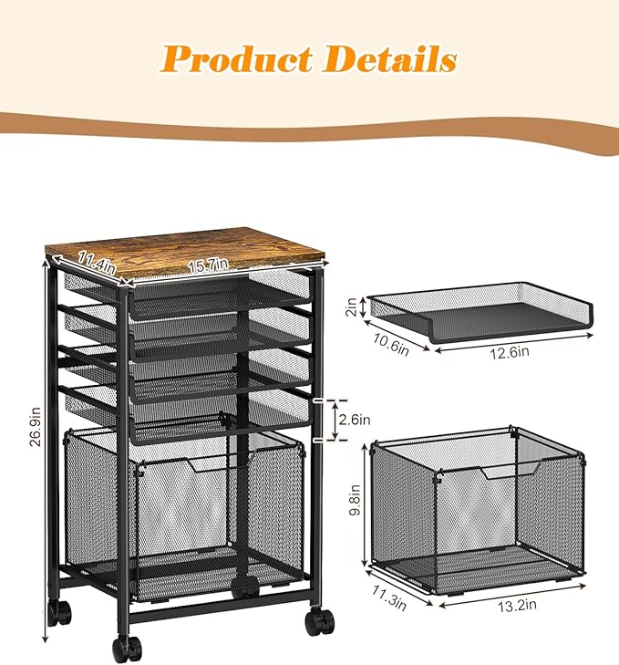 Feyejade Rolling File Cart 5-Tier, Under Desk Storage with Drawers, Filing Cabinet for Letter-Size File Storage, Sliding Metal Mesh Trays for Binder Storage, Office Storage & Organization for Teachers
