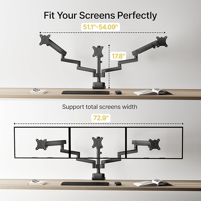 monTEK Triple Monitor Mount for Max 27 inch Computer Screens, Full Motion 3 Monitor Desk Mount Each Arms Holds up to 19.8lbs, Clamp & Grommet Mounting