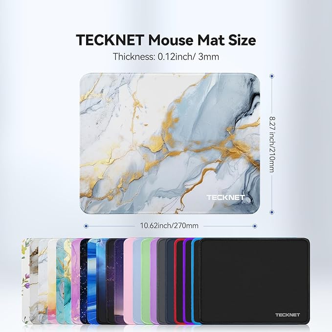 TECKNET Mouse Pad with Anti-fray Stitching, Waterproof Surface & Non-Slip Rubber Base with Stitched Edges Gaming Mouse Mat for Laptop，Compatible with Laser and Optical Mice - Grey Gold Marble