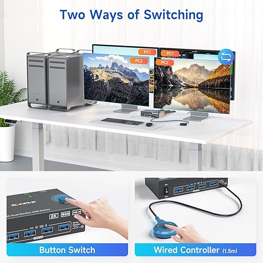 KVM Switch 2 Monitors 2 Computers 4K@144Hz 8K@60Hz, HDMI Displayport Dual Monitor KVM Switch for 2 PC Share 2 Monitors Keyboard Mouse Printer, Wired Remote,Power Adapter and USB Cable Included