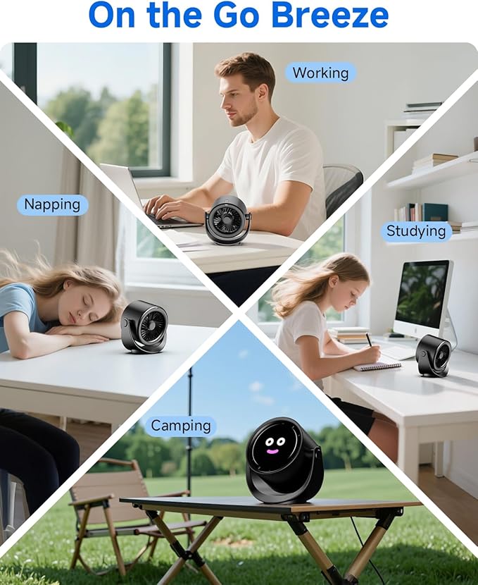 YOSHENMO Portable Desk Fan for Bedroom, Turbo Table Fans with smile icon LED Display, 6-inch, 5-Speed Strong Airflow, Low Noise, 360° Adjustable Tilt, Suitable for Home, Office, Outdoor, Ink Black