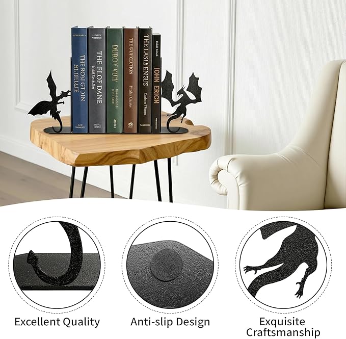 ENCIMART Dragon Metal Bookends Decorative, Unique Office Desk Book Ends for Shelves Bookshelf Home Office Desk Bookshelf Decor Gift for Dragon Lovers and Reading Enthusiasts