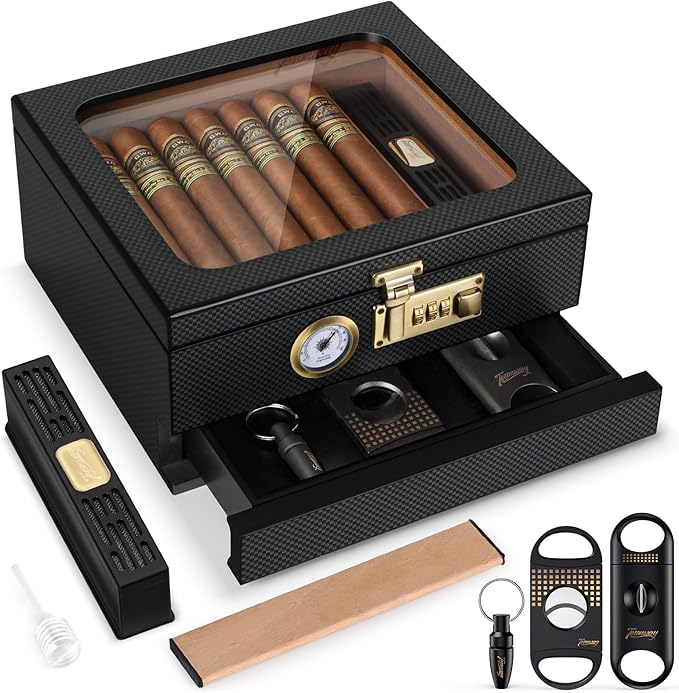 Tesonway Cigar Humidor, Cedar Wood Humidor Cigar Box, Glass Top Desktop Humidor with Front Hygrometer, Humidifier, Divider, Accessories Drawer and Combination Lock, Cigar Gifts for Men (Carbon Black)