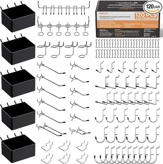 INCLY 120PCS Pegboard Accessories Organizer Kit, Peg Board Hooks Assortment with Bins for Organizing Various Tools, Fit 1/8 or 1/4 inch Pegboard for Hanging Storage, Garage Wall Attachments