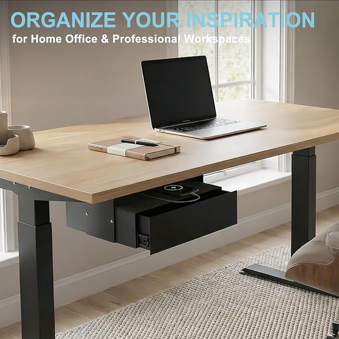 Under Desk Lockable Drawer, Slide-Out Storage Organizer with Full Extension Ball-Bearing Slides, Carbon Steel Undermount Drawer for Home Office Standing Desk, Black, 13.8 Inch