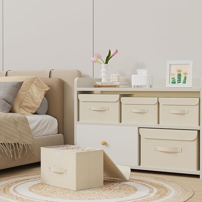 Fabric Storage Bins Cube Organizers with Flip-Top Lid and Handles,Storage Boxes for Organizing Home,Office,and Closet,Beige,5 Pack 15 x 9.8 x 9.8 in