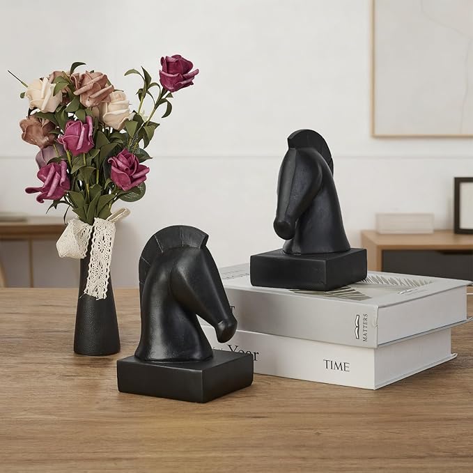 Black Horse Head Decorative Bookends - Heavy Duty Non-Slip Book Stoppers, Horse Statue Book Ends for Shelves, Modern Equestrian Ornaments for Home Farmhouse Shelves Office Lover Gift