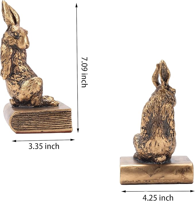 Book Ends for Shelves to Hold Books Hevay Duty,Decorative Bookends for Bookshelf Décor,Cute Animal Rabbit Book Stopper Easter Bunny Statues for Home, Office Desk, Living Room Decoration,1 Pair (Gold)