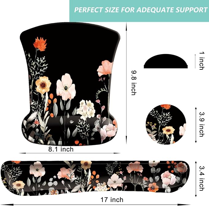 Keyboard Wrist Rest Pad Mouse Pad with Wrist Support Set of 3, Gaming Mousepad with Non-Slip Rubber Base, Ergonomic Memory Foam Mouse Cushion Support for Home Office Laptop Computer, Flower Black