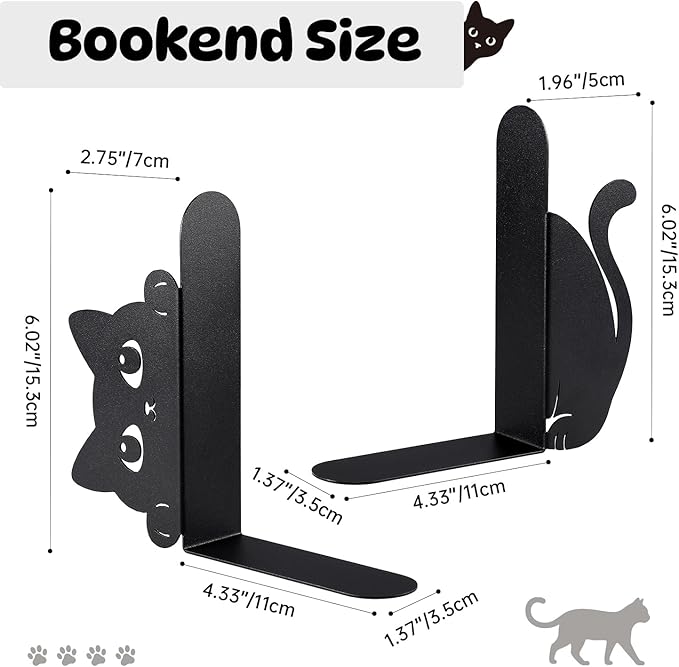 Peeking Cat Metal Bookends Set of 2 with Wider Base, Cute Decorative Book Ends for Shelves Bookshelf Office Home Decor Gift for Cat & Book Lovers