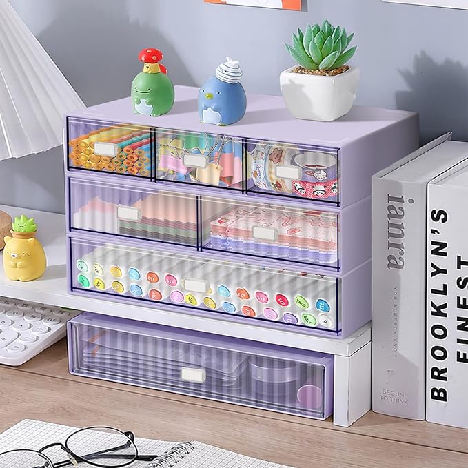 3 Tier Stackable Desk Organizer with 6 Drawers, Plastic Desktop Storage Box Drawers, Detachable Makeup Storage Office Stationery Supplies Organizer for Office School(Purple)