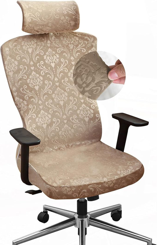 Ergonomic Office Chair Covers Set with Headrest Cover Velvet Embossing Camel Stretch Office Chair Cover with Headrest Washable-Velvet Embossing Camel