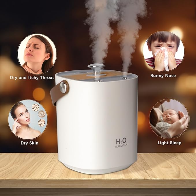 Humidifier for bedroom，1.2L Portable Cool Mist Humidifiers Auto Shut-Off USB Desk Humidifier,with Warm Night Light and Dual Nozzle Design for Bedroom Travel Office,(White)