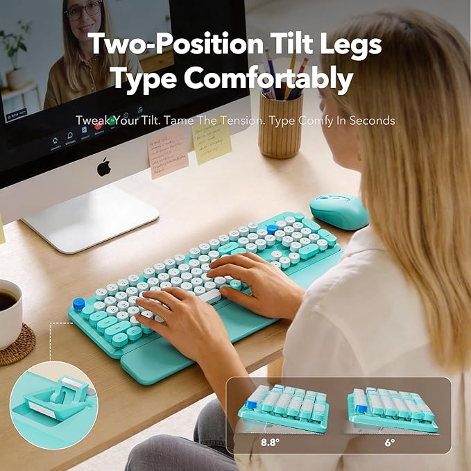 Wireless Keyboard and Mouse Combo with Detachable Magnetic Wrist Rest, Retro Typewriter-Style Keyboard, Round Keycaps, Adjustable Legs, 3-Level DPI Mouse, 2.4GHz for Windows PC/Laptop (Turquoise Blue)