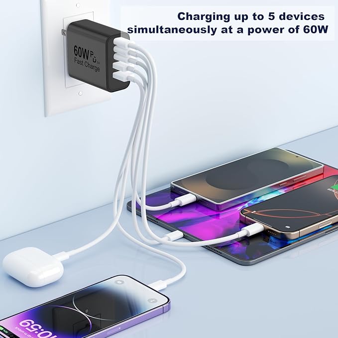 USB C Charger Block, 60W 5 in 1 Charging Blocks, PD 3.0 Fast Charger, QC 2A Black Wall Plug Multiport Type C Charging Block for iPhone 17 16 15 14 13 12 Pro Max, iPad, iPod, Samsung, AirPods Pro