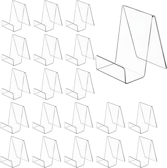 20 Pack Acrylic Book Stand 3x4 Inch Clear Easel Stand for Displays, Book Display Holder, Display Stands for Album, CD, Magazine, Postcard, Picture, Plate, Artworks, Phone, Tablet