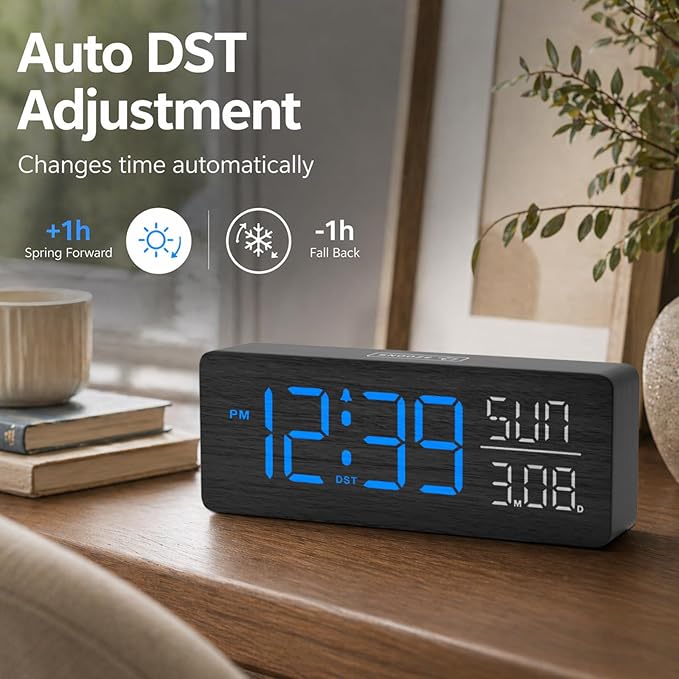 Peakeep Wooden Digital Alarm Clock Large Display, Textured Decoration for Bedroom, Living Room, Plug in Clock with Time Date Day, 5 Brightness, Auto DST