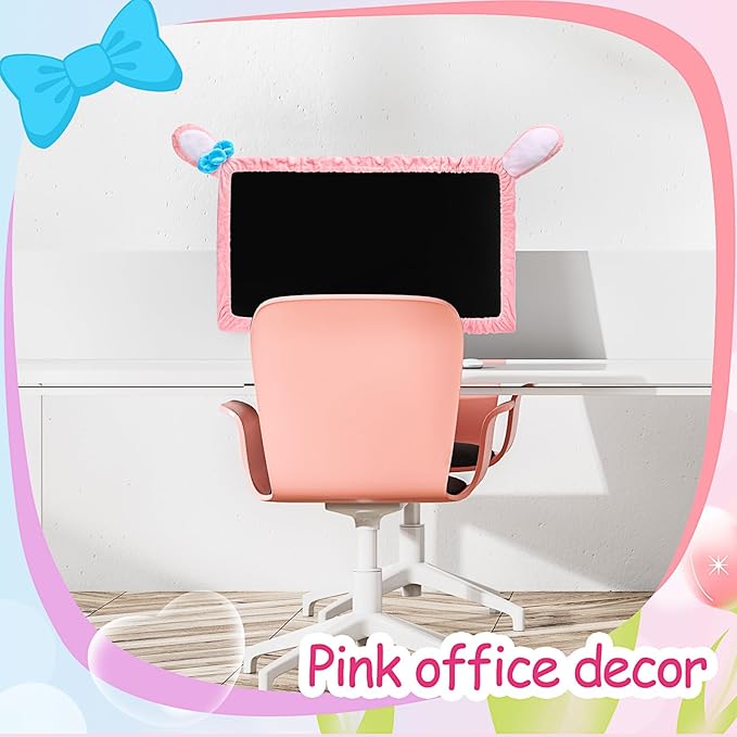 Remagr Easter 20"-29" Cute Computer Monitor Cover with Bunny Ear Pink Furry Elastic Monitor Dust Cover Protector Accessories Laptop TV Lcd Screen Kawaii Decoration for Easter Tablet
