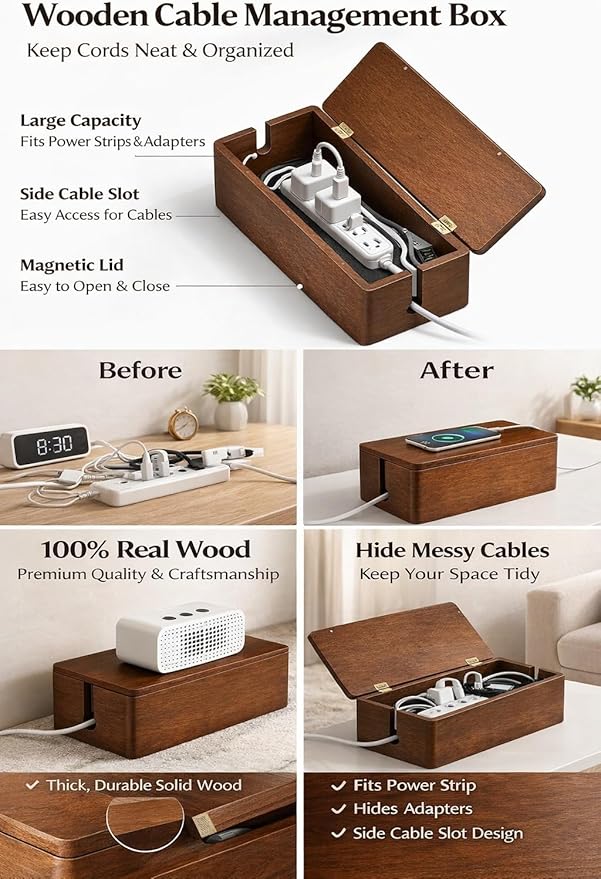 Tikora Real Wood Cable Management Box - Minimalist Home Office Decor - Walnut Finish Cord Organizer to Hide Wires & Power Strips - Spring Cleaning Essential for Desk & TV Stand - Safe for Pets & Kids