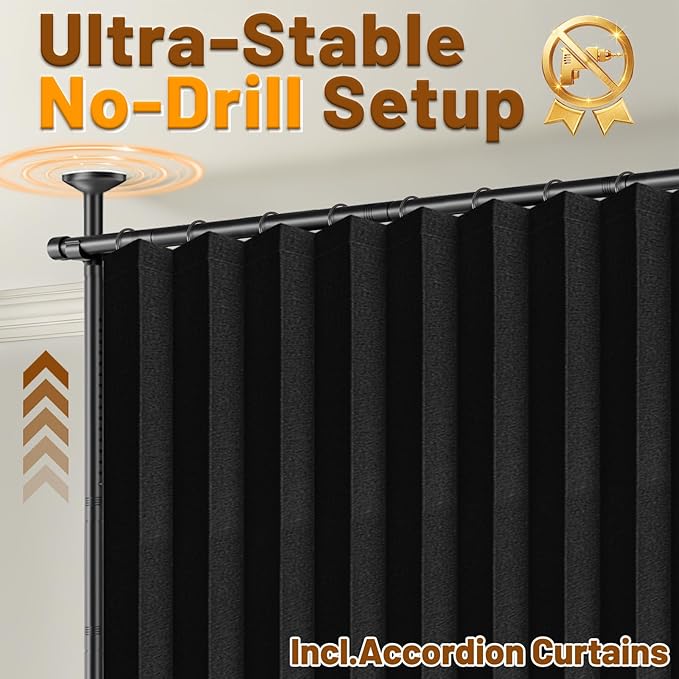 AJAZZ Room Divider Curtain (2 Panels, Black, W100 x L96 in)+ Tension Curtain Rod No Drilling (H) 43-120×(W) 35-200 in, for Privacy/Soundproof Curtains, Heavy Duty Wall Separator