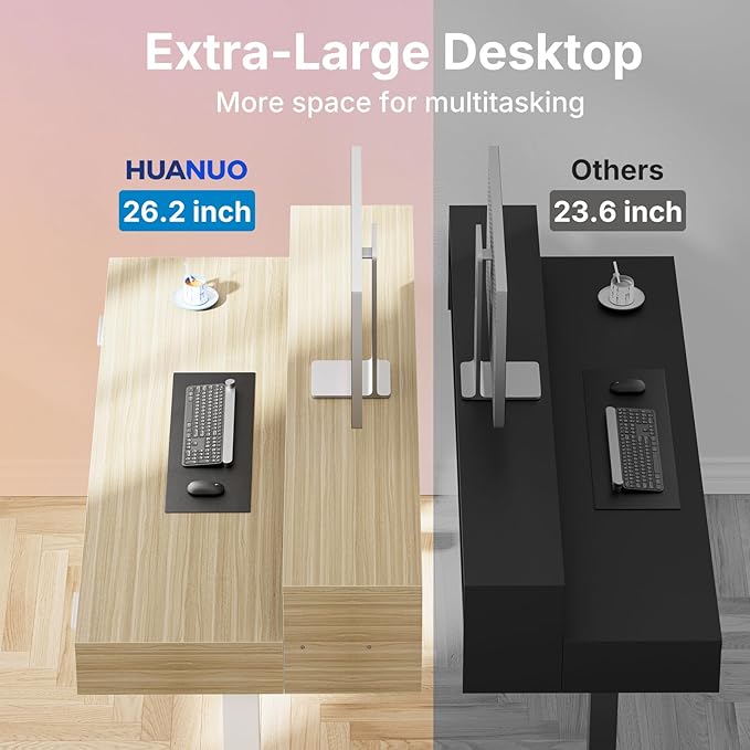 HUANUO 63″ x 26″ Electric Standing Desk with 2 Drawers &24.4″ Large Keyboard Tray, C-Clamp Mount Compatible, Adjustable Computer Desk for Office, Sit Stand Up Desk with 4 Height Presets, Light Walnut