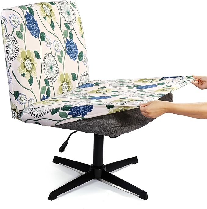 Iauddy Armless Criss Cross Office Desk Chair Cover Slipcover,Accent Mid Back Wide Swivel Task Vanity Slipper Chair Protector Stretch Removable Without Arms for Accent Chair(White/Bottle Green)