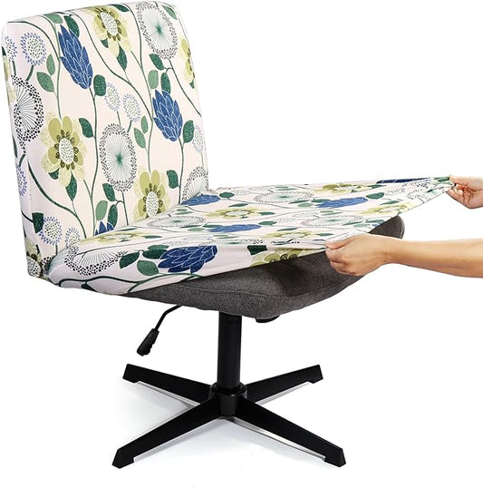 Iauddy Armless Criss Cross Office Desk Chair Cover Slipcover,Accent Mid Back Wide Swivel Task Vanity Slipper Chair Protector Stretch Removable Without Arms for Accent Chair(White/Bottle Green)
