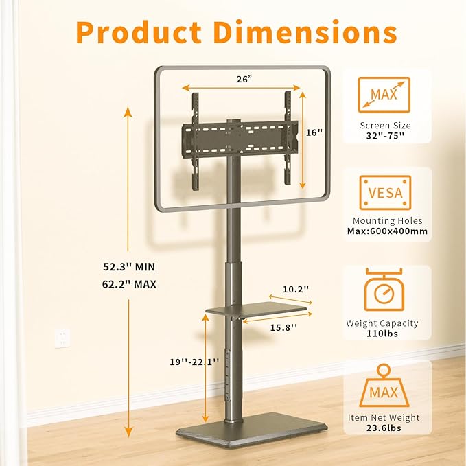 Afaloona Universal Floor TV Stand, TV Floor Mount Stand with Power Outlet & Removable Shelf for 32-75 inch TV up to 110 lbs, Swivel and Height Adjustable Tall TV Stand for Bedroom(TCP01-2-M-A01)