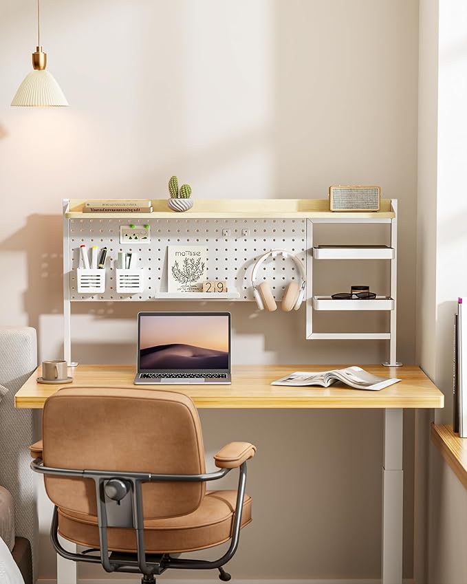 PEGZONE Clamp on Desk Shelf, 44" Desktop Shelving System with Pegboard and Accessories, Desktop Organizer with 2-Tier Shelf, Desk Pegboard for Gaming Office, White