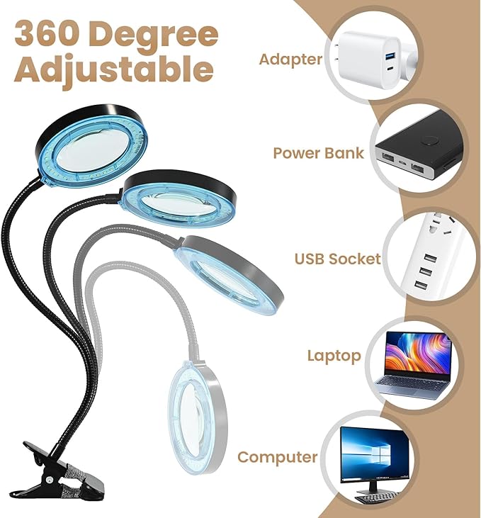 10X Magnifying Glass with Light and Timer, 2 in 1 Magnifying Desk Lamp, 3 Color Modes 10 Dimmable Brightness, Flexible Gooseneck Magnifier with Light for Craft Hobby Painting Sewing Close Work