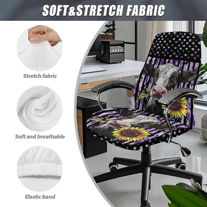 Talayituse Cow Sunflower Camo American Flag Print Office Chair Cover Universal Stretch Desk Chair Cover, Anti-Slip Computer Chair Slipcovers with Elastic Bottom, S